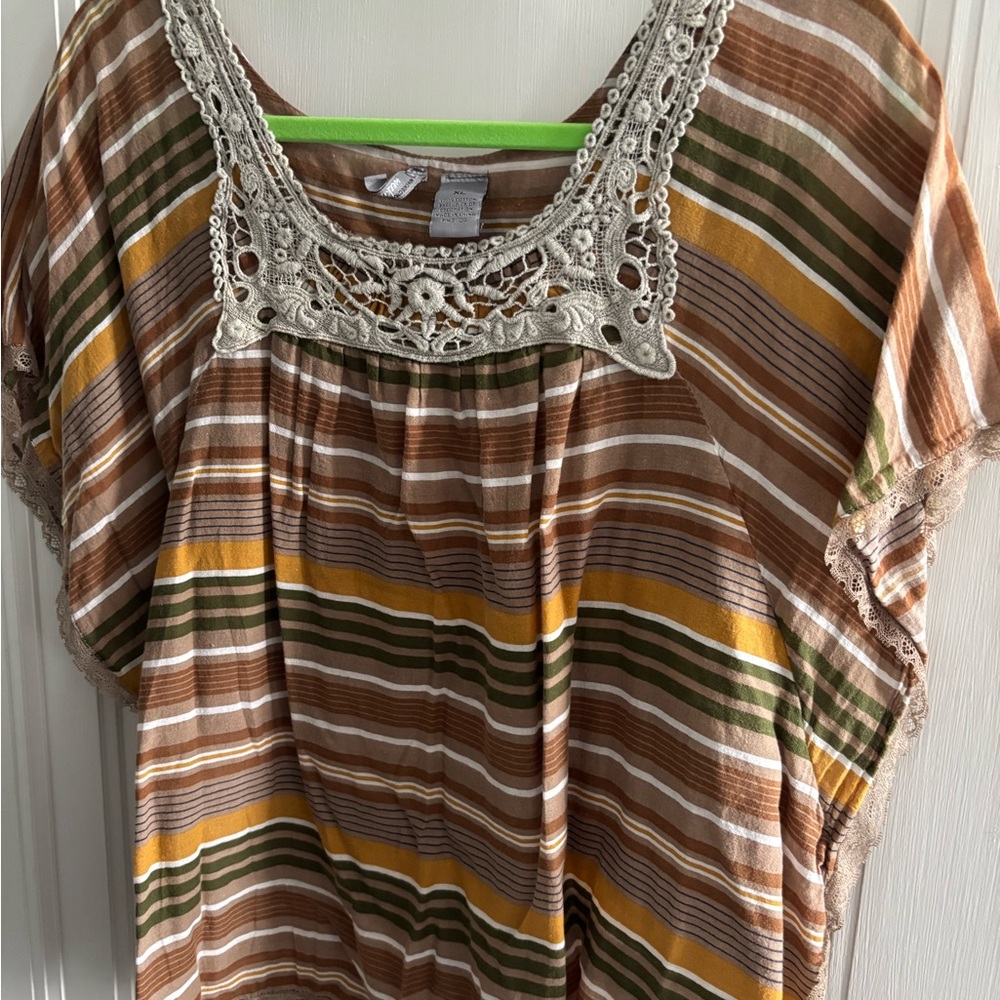 Unk Crochet-Trim Striped Tunic - Brown/Yellow/Green